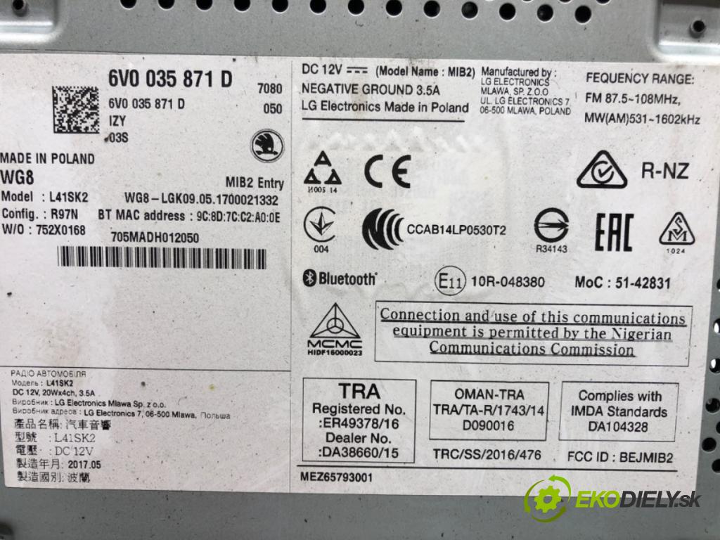 SKODA FABIA III (NJ3) 2014 - 2022    1.4 TDI 77 kW [105 KM] olej napędowy 2014 - 2022  RADIO 6V0035871D (Audio zariadenia)