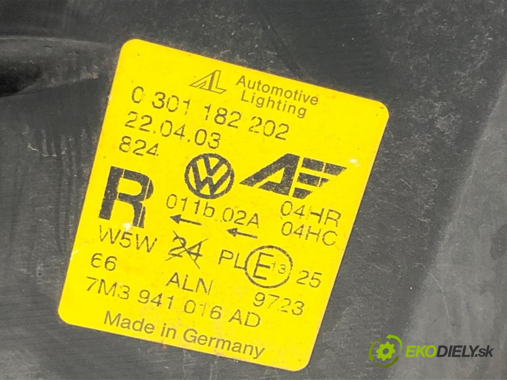 VW SHARAN (7M8, 7M9, 7M6) 1995 - 2010    1.9 TDI 85 kW [115 KM] olej napędowy 2000 - 2010  Svetlomet pravy predný 7M3941016AD