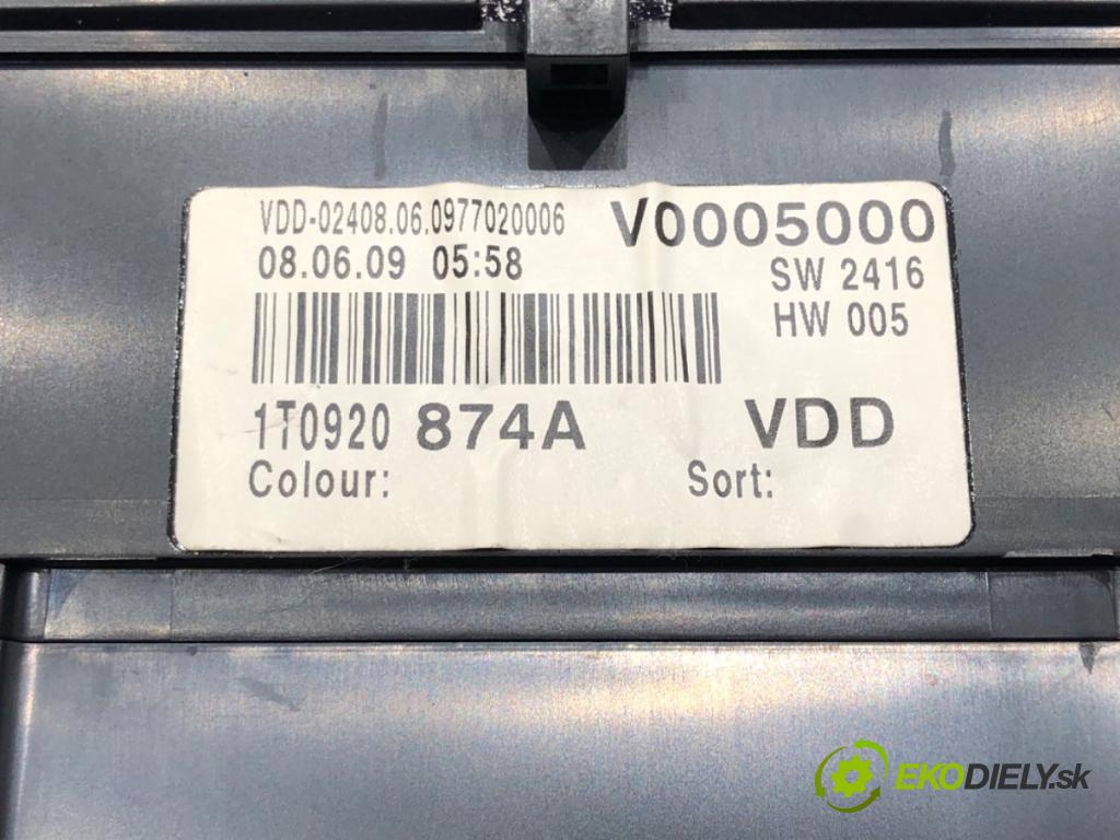 VW TOURAN (1T1, 1T2) 2003 - 2010    1.9 TDI 77 kW [105 KM] olej napędowy 2003 - 2010  Prístrojovka 1T0920874A (Prístrojové dosky, displeje)