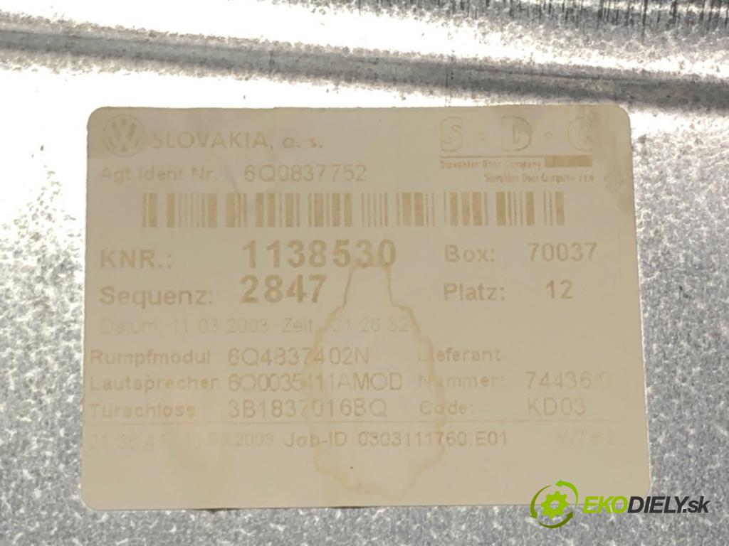 VW POLO (9N_, 9A_) 2001 - 2014    1.2 12V 47 kW [64 KM] benzyna 2001 - 2007  mechanismus okna pravý přední část 6Q0837752
