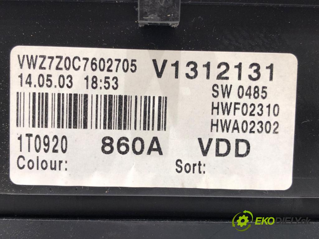 VW TOURAN (1T1, 1T2) 2003 - 2010    1.9 TDI 74 kW [100 KM] olej napędowy 2003 - 2004  Prístrojovka 1T0920860A (Prístrojové dosky, displeje)