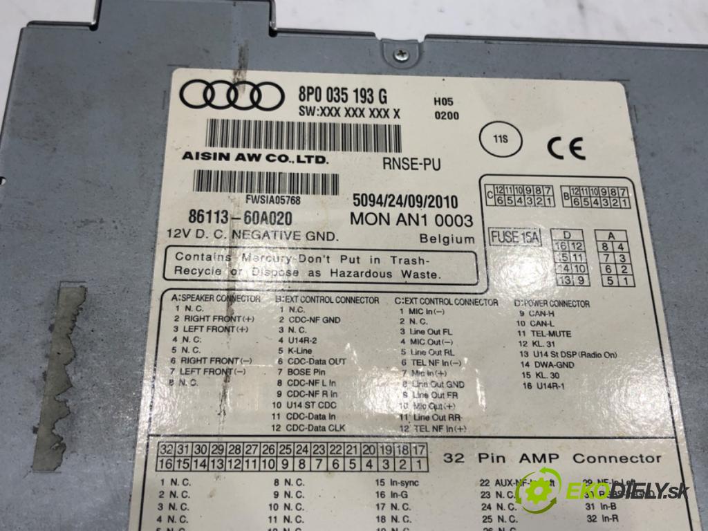 AUDI A3 (8P1) 2003 - 2013    1.8 TFSI 118 kW [160 KM] benzyna 2006 - 2012  RADIO 8P0035193G (Audio zariadenia)
