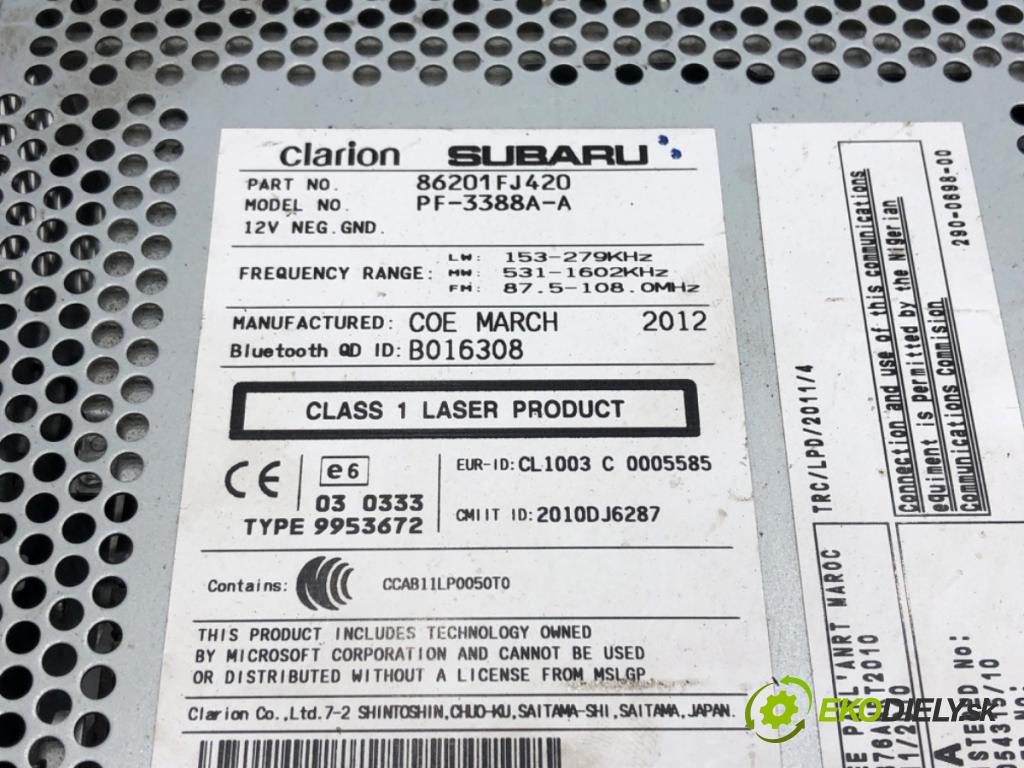 SUBARU XV (_GP_) 2011 - 2022    2.0 D AWD (GPD) 108 kW [147 KM] olej napędowy 2012 - 2022  RADIO 86201FJ420 (Audio zariadenia)