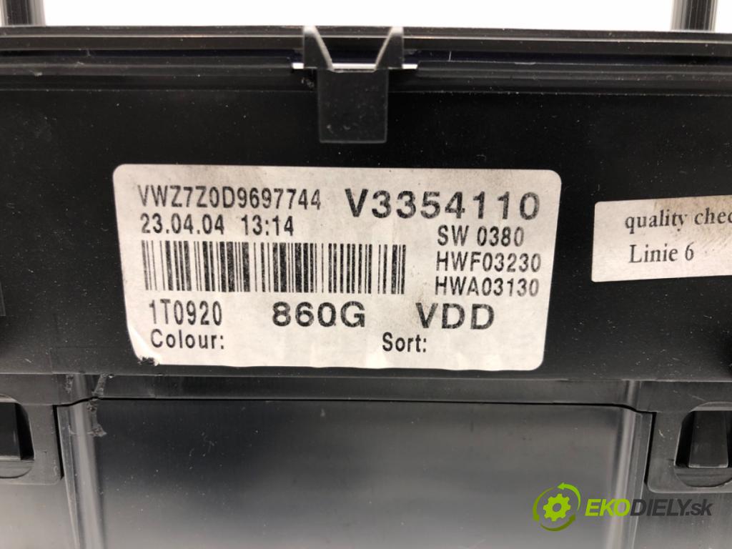 VW TOURAN (1T1, 1T2) 2003 - 2010    1.9 TDI 74 kW [100 KM] olej napędowy 2003 - 2004  Prístrojovka 1T0920860G (Prístrojové dosky, displeje)