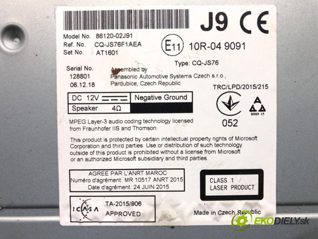 TOYOTA COROLLA sedan (_E18_, ZRE1_) 2013 - 2019    1.6 (ZRE181_) 97 kW [132 KM] benzyna 2013 - 2018  RADIO 86120-02J91 (Audio zariadenia)