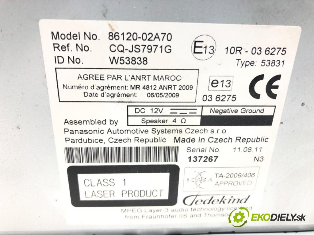 TOYOTA AURIS (_E15_) 2006 - 2012    1.6 (ZRE151_) 97 kW [132 KM] benzyna 2009 - 2012  RADIO 86120-02A70 (Audio zariadenia)