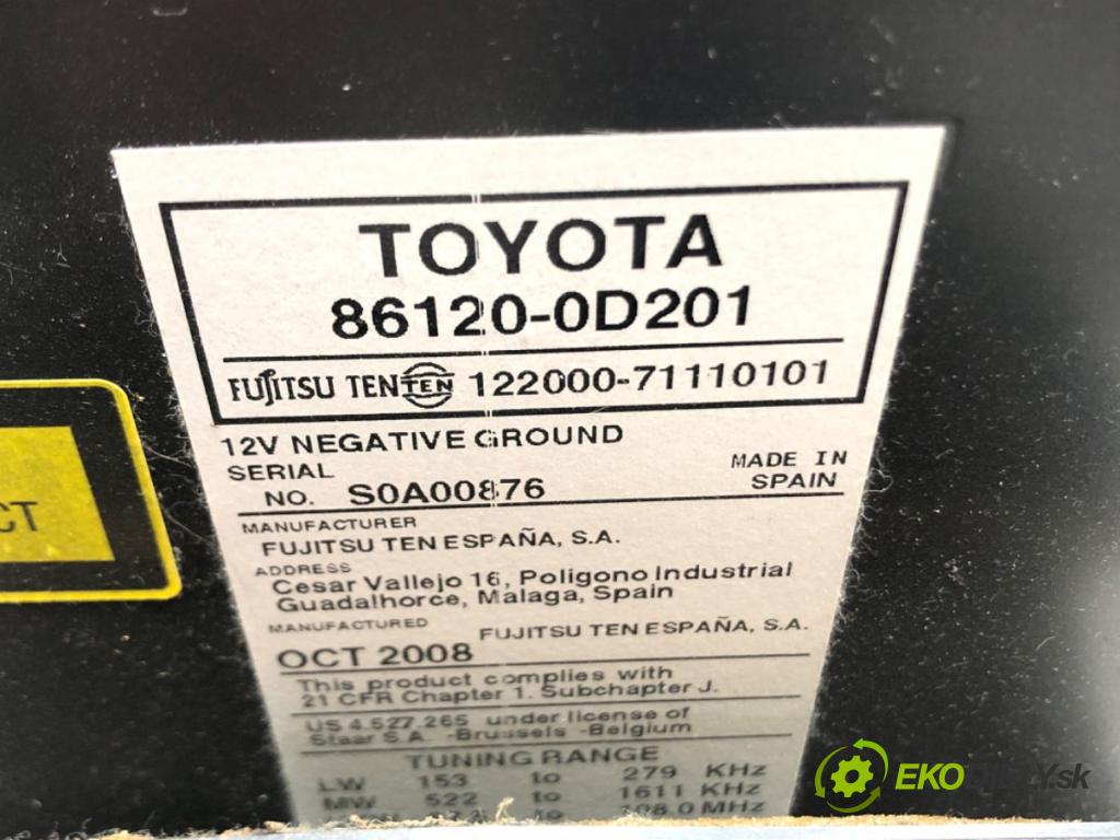 TOYOTA YARIS (_P9_) 2005 - 2014    1.3 VVT-i (SCP90_) 64 kW [87 KM] benzyna 2005 - 2010  RADIO 86120-0D201 (Audio zariadenia)