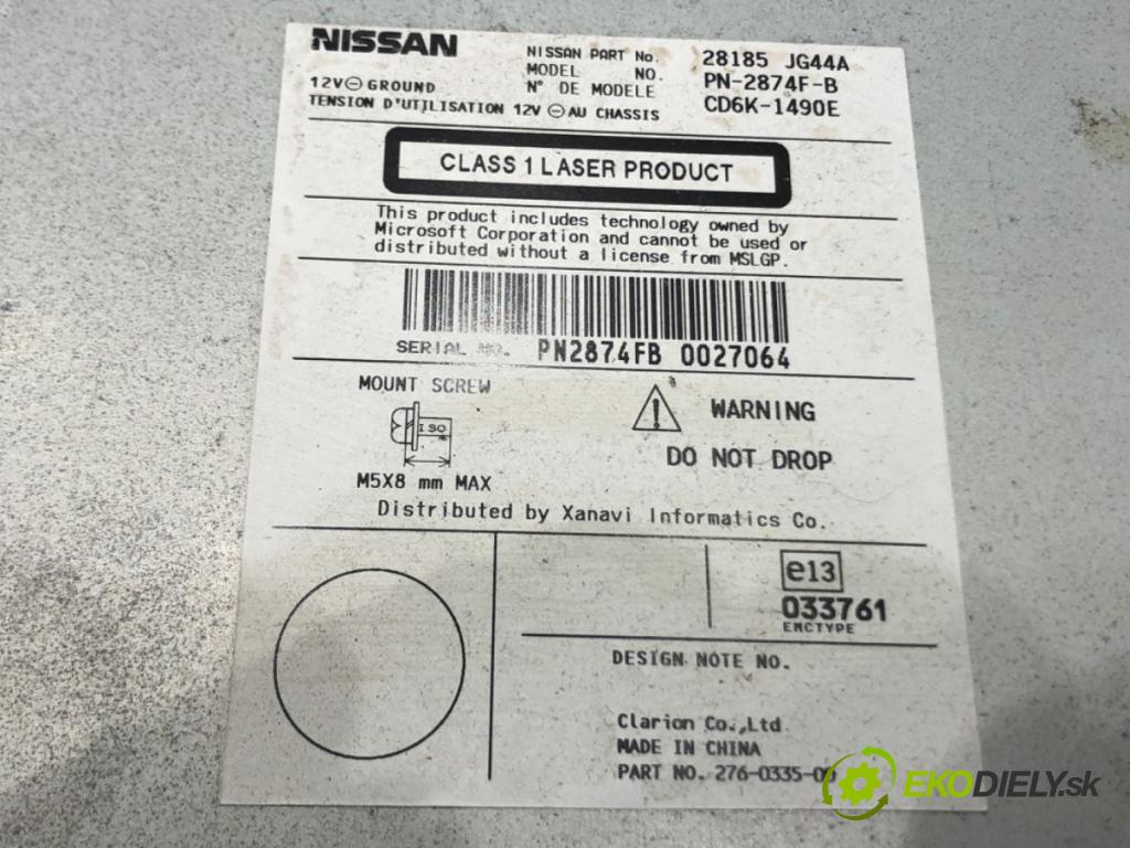 NISSAN QASHQAI / QASHQAI +2 I (J10, NJ10, JJ10E) 2006 - 2014    2.0 104 kW [141 KM] benzyna 2007 - 2013  RADIO 28185JG44A (Audio zariadenia)