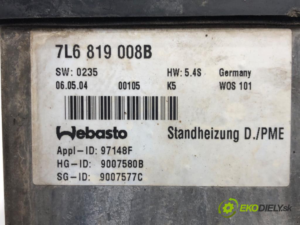 VW TOUAREG (7LA, 7L6, 7L7) 2002 - 2013    5.0 V10 TDI 230 kW [313 KM] olej napędowy 2002 - 2010  Webasto 7L6819008B (Webasto ohřívače)