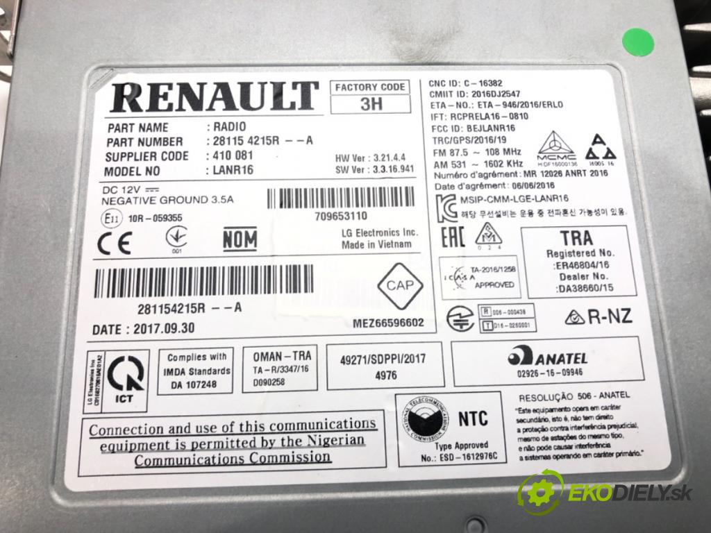 RENAULT KADJAR (HA_, HL_) 2015 - 2022    1.6 dCi 130 4x4 96 kW [130 KM] olej napędowy 2015 - 2022  RADIO 281154215R (Audio zariadenia)