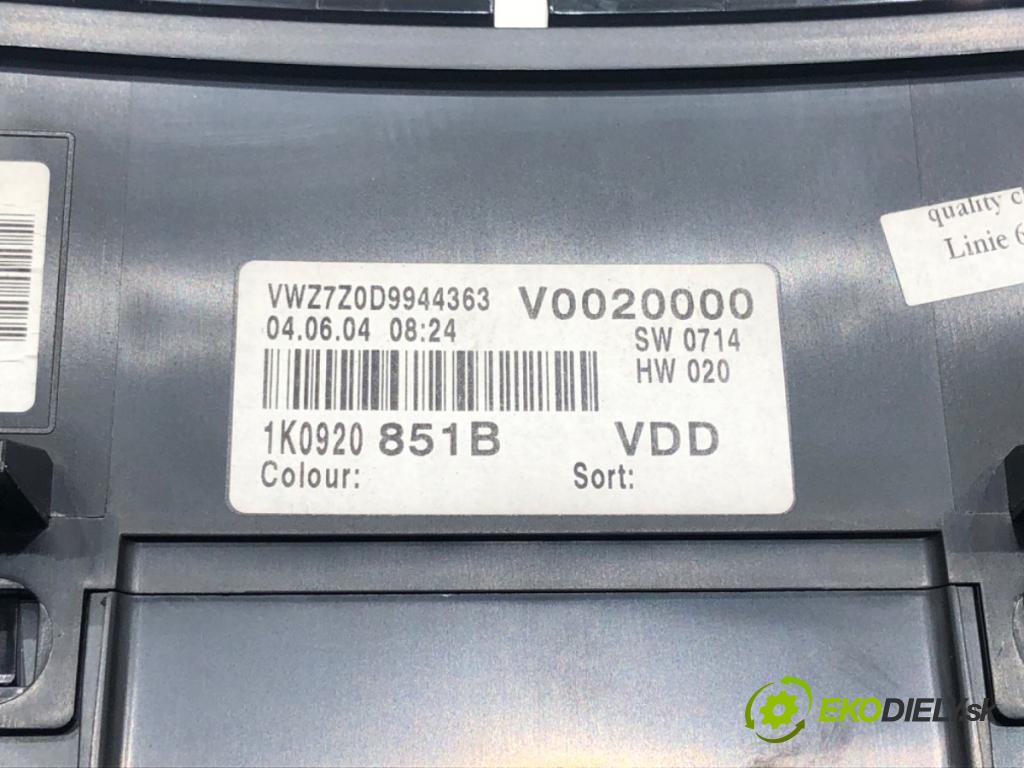 VW GOLF V (1K1) 2003 - 2010    1.9 TDI 66 kW [90 KM] olej napędowy 2004 - 2008  Prístrojovka 1K0920851B (Prístrojové dosky, displeje)