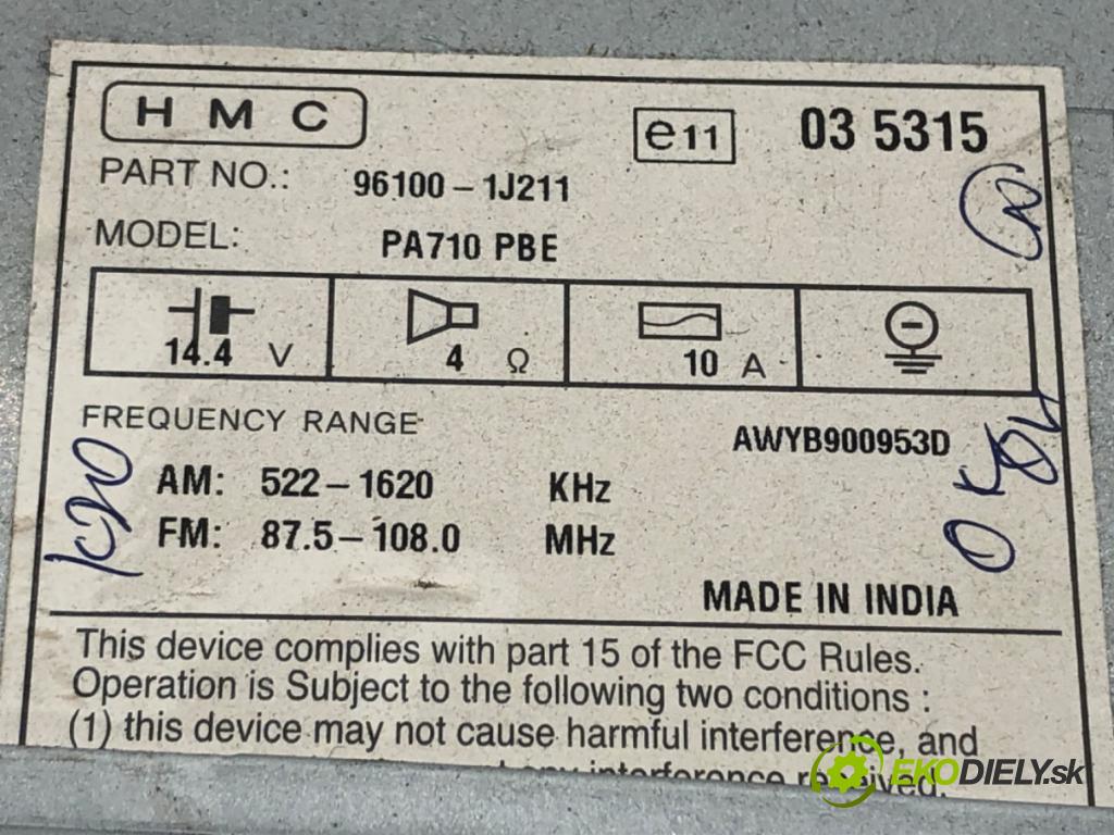 HYUNDAI i20 I (PB, PBT) 2008 - 2022    1.2 57 kW [78 KM] benzyna 2008 - 2012  RADIO 96100-1J211 (Audio zariadenia)