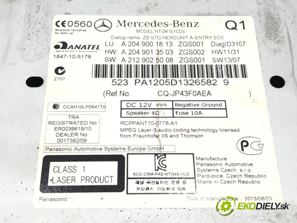 MERCEDES-BENZ KLASA C (W204) 2007 - 2015    C 220 CDI (204.002) 125 kW [170 KM] olej napędowy 2008 - 2014  RADIO A2049001813 (Audio zariadenia)