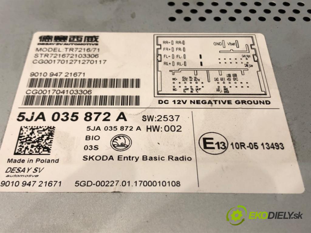 SKODA RAPID (NH3, NK3, NK6) 2012 - 2022    1.2 TSI 66 kW [90 KM] benzyna 2015 - 2019  RADIO 5JA035872A (Audio zariadenia)