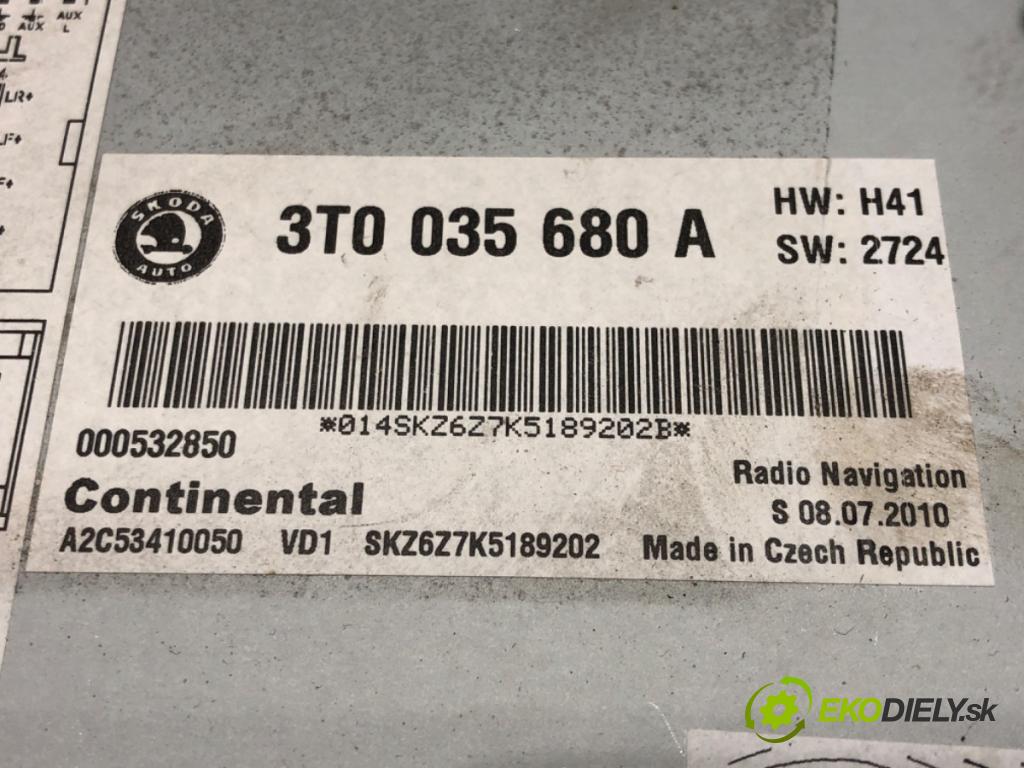 SKODA SUPERB II Kombi (3T5) 2009 - 2015    2.0 TDI 125 kW [170 KM] olej napędowy 2009 - 2015  RADIO Navigácia 3T0035680A (Audio zariadenia)