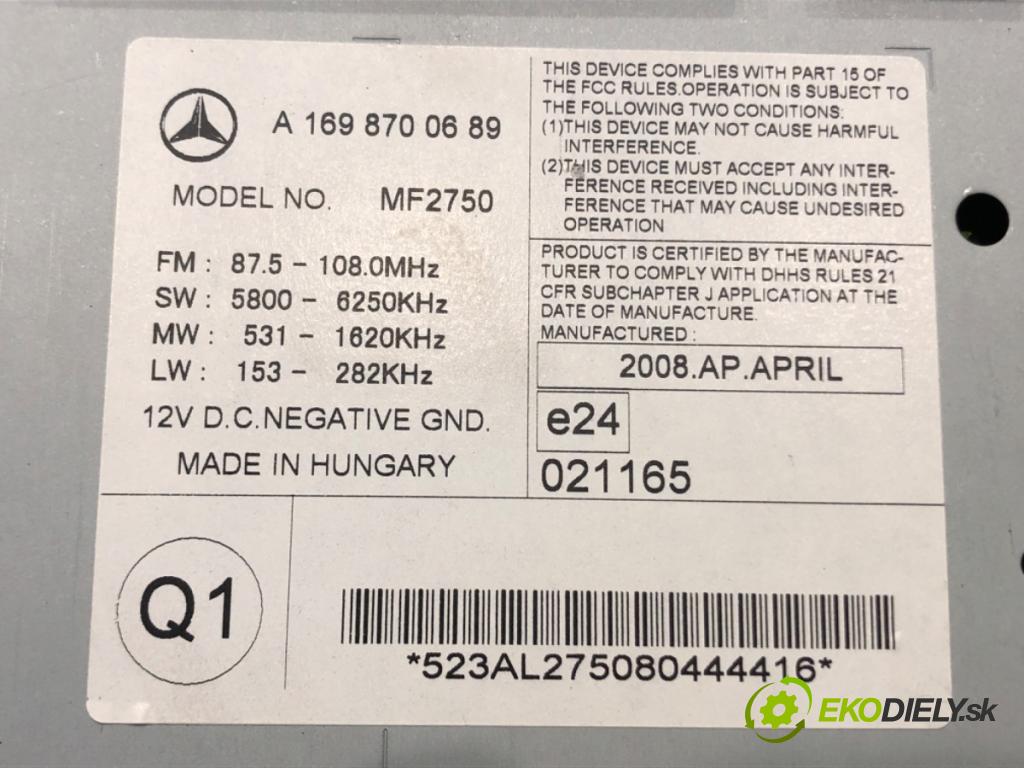 MERCEDES-BENZ KLASA A (W169) 2004 - 2012    A 150 (169.031, 169.331) 70 kW [95 KM] benzyna 2004 - 2012  RADIO A1698700689 (Audio zariadenia)