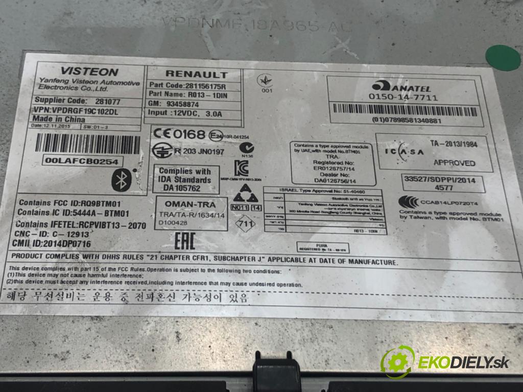 RENAULT TRAFIC III Autobus (JG_) 2014 - 2022    1.6 dCi 115 (JGMD) 85 kW [116 KM] olej napędowy 2014 - 2022  RADIO 281156175R (Audio zariadenia)