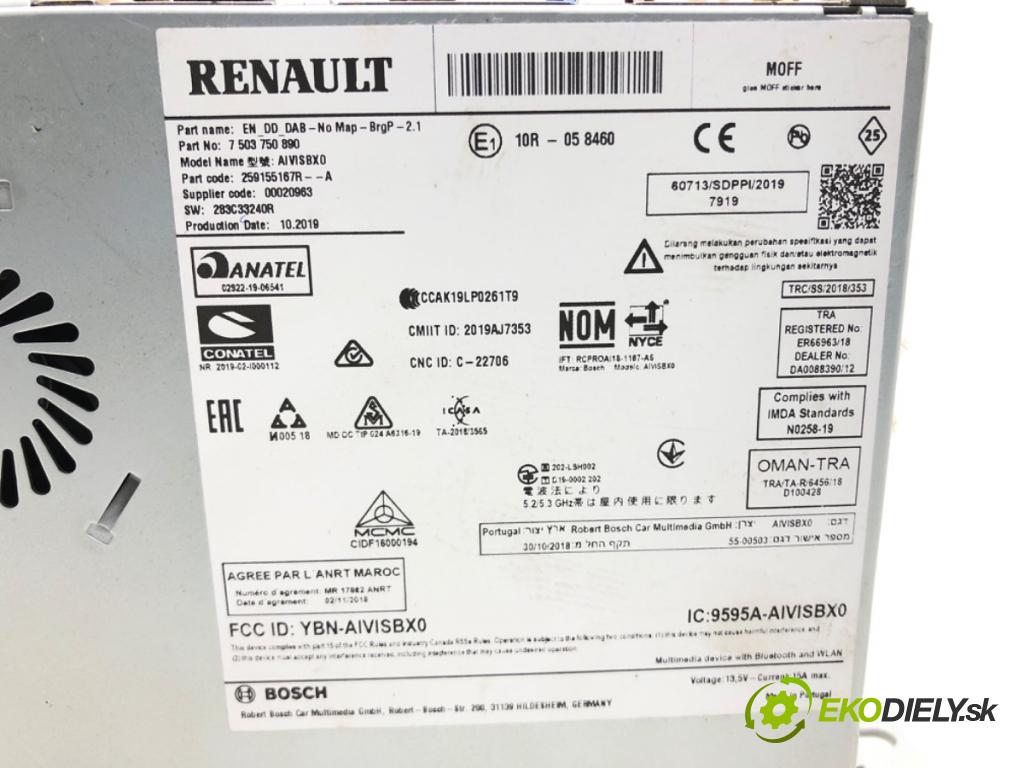 RENAULT CLIO V (B7_) 2019 - 2022    1.0 TCe 100 (B7MT) 74 kW [101 KM] benzyna 2019 - 2022  RADIO Navigácia 259155167R (Audio zariadenia)