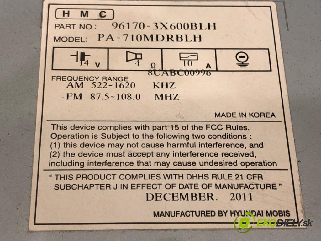 HYUNDAI ELANTRA V sedan (MD, UD) 2010 - 2022    1.6 97 kW [132 KM] benzyna 2011 - 2015  RADIO 96170-3X600BLH (Audio zariadenia)