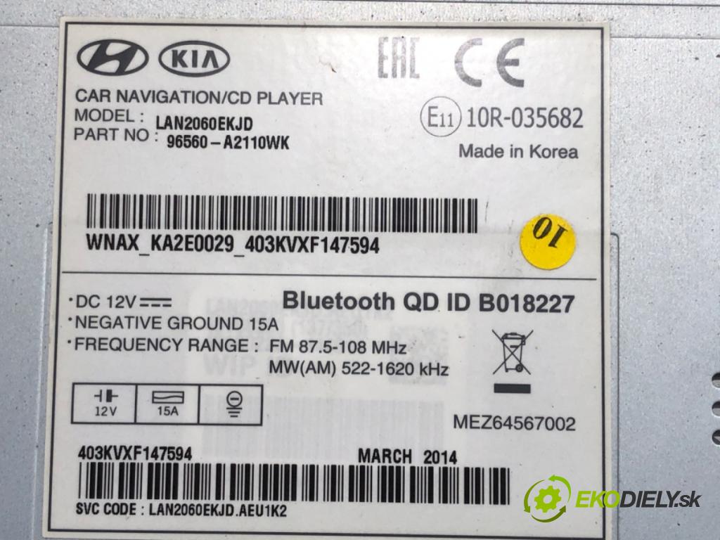 KIA CEED Sportswagon (JD) 2012 - 2018    1.6 CRDi 110 81 kW [110 KM] olej napędowy 2013 - 2018  RADIO Navigácia 96560-A2110WK (Audio zariadenie)