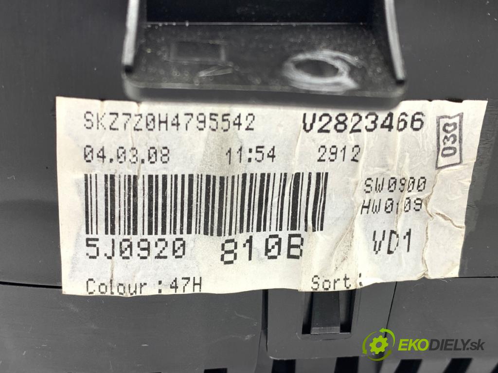 SKODA FABIA II (542) 2006 - 2014    1.2 51 kW [70 KM] benzyna 2007 - 2014  Prístrojovka 5J0920810B (Prístrojové dosky, displeje)