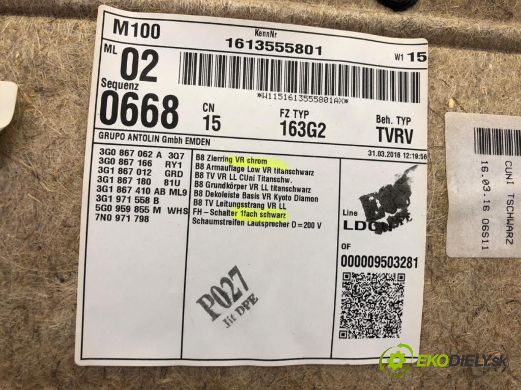 VW PASSAT B8 sedan 2016 132 kW 1.8 TSI 1798 čalúnenie Dvere pravy predný