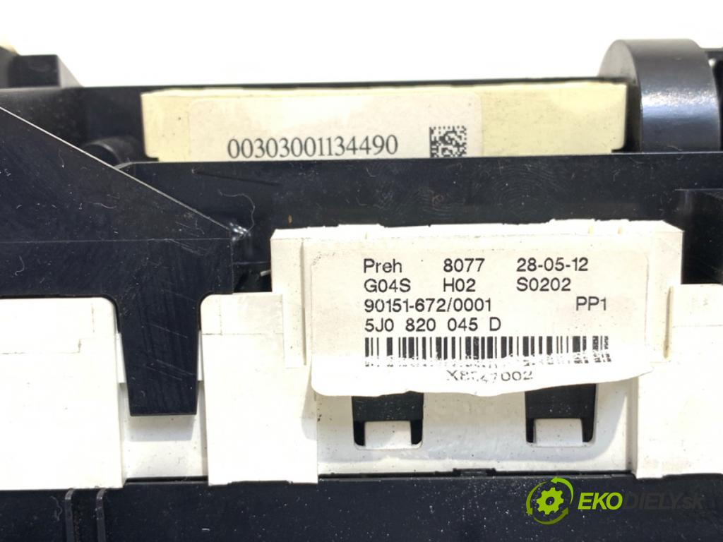 SKODA ROOMSTER (5J7) 2006 - 2015    1.6 TDI 77 kW [105 KM] olej napędowy 2010 - 2015  Panel ovládania kúrenia 5J0820045D (Prepínače, spínače, tlačidlá a ovládače kúrenia)