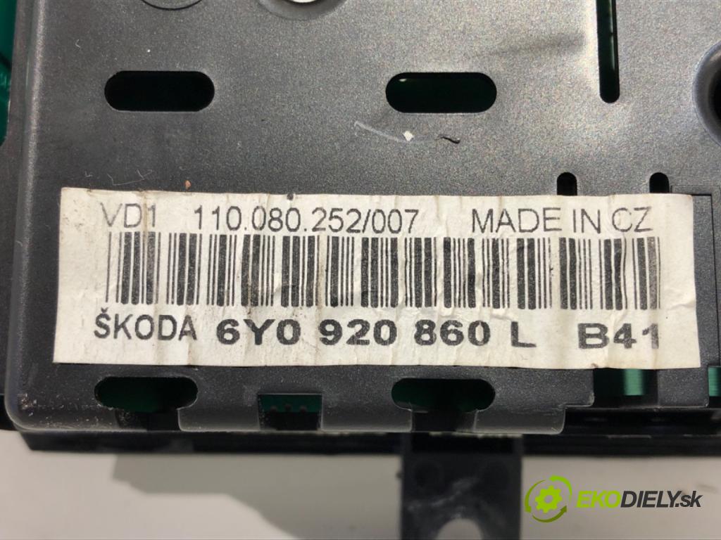 SKODA FABIA I (6Y2) 1999 - 2008    1.4 16V 55 kW [75 KM] benzyna 1999 - 2008  Prístrojovka 6Y0920860L (Prístrojová doska, displej)
