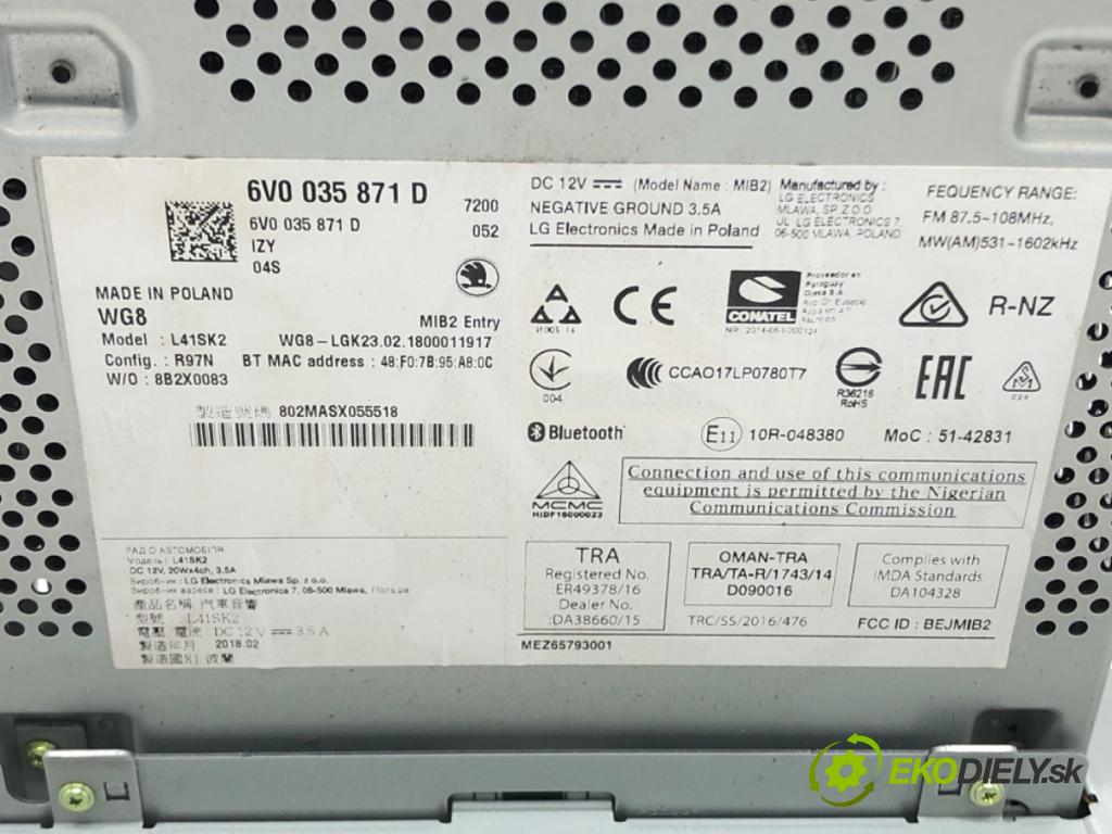 SKODA FABIA III Kombi (NJ5) 2014 - 2022    1.0 55 kW [75 KM] benzyna 2014 - 2022  RADIO 6V0035871D (Audio zariadenie)