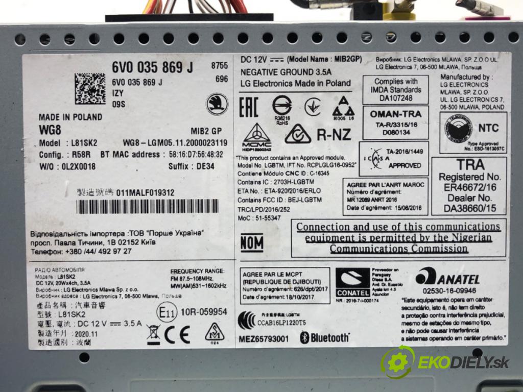 SKODA FABIA III (NJ3) 2014 - 2022    1.0 TSI 70 kW [95 KM] benzyna 2014 - 2022  RADIO 6V0035869J (Audio zariadenie)