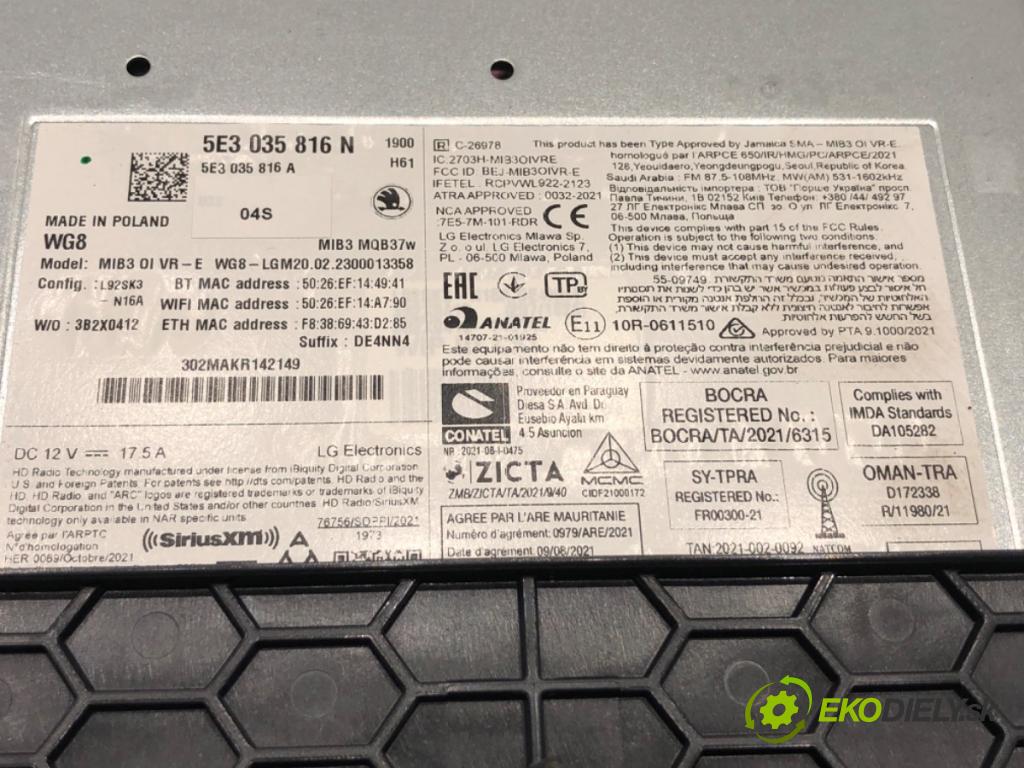 SKODA OCTAVIA IV (NX3, NN3) 2020 - 2022    2.0 TDI 110 kW [150 KM] olej napędowy 2020 - 2022  RADIO 5E3035816N (Audio zariadenie)