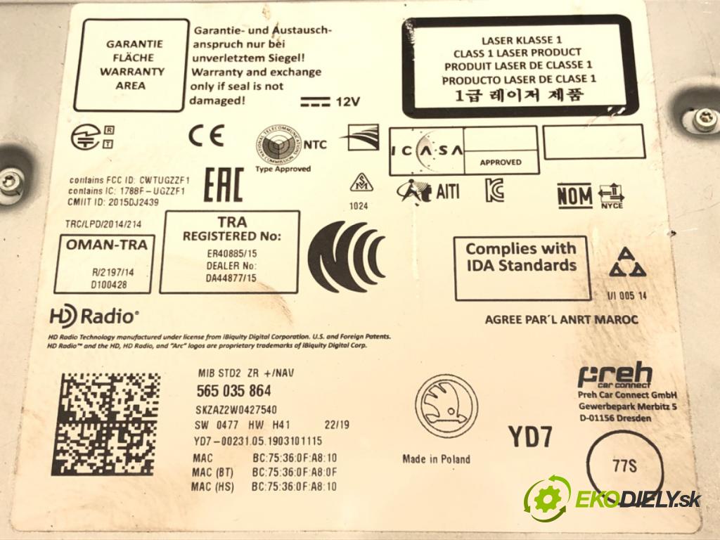 SKODA KODIAQ (NS7, NV7, NS6) 2016 - 2022    2.0 TSI 4x4 140 kW [190 KM] benzyna 2019 - 2022  RADIO 565035864 (Audio zariadenie)