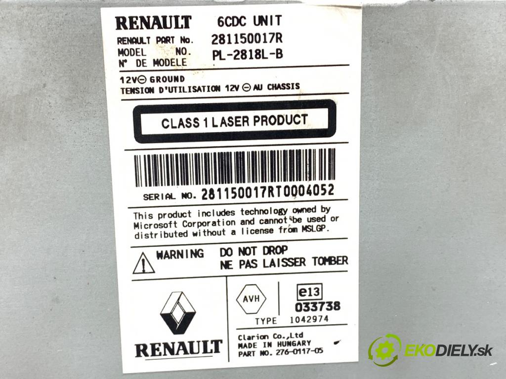 RENAULT LAGUNA III (BT0/1) 2007 - 2015    2.0 dCi (BT07, BT0J, BT14, BT1A, BT1S) 96 kW [131 KM] olej napędowy 2007 - 2015  RADIO 281150017R (Audio zariadenie)