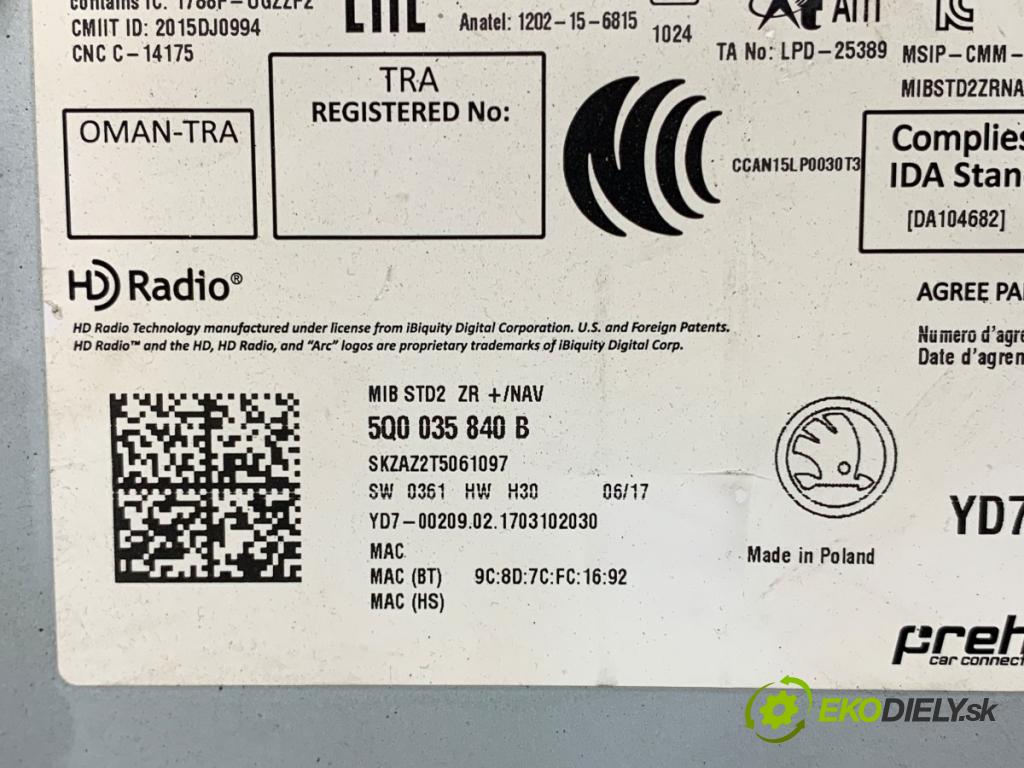 SKODA OCTAVIA III Kombi 2017 110 kW 1.4 TSI 1395 čítač navigácie 5Q0035840B (Elektrosúčasti ostatné)