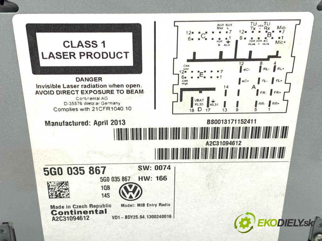 VW GOLF VII (5G1, BQ1, BE1, BE2) 2012 - 2022    1.4 TSI 90 kW [122 KM] benzyna 2012 - 2022  RADIO Dislpej 5G0035867