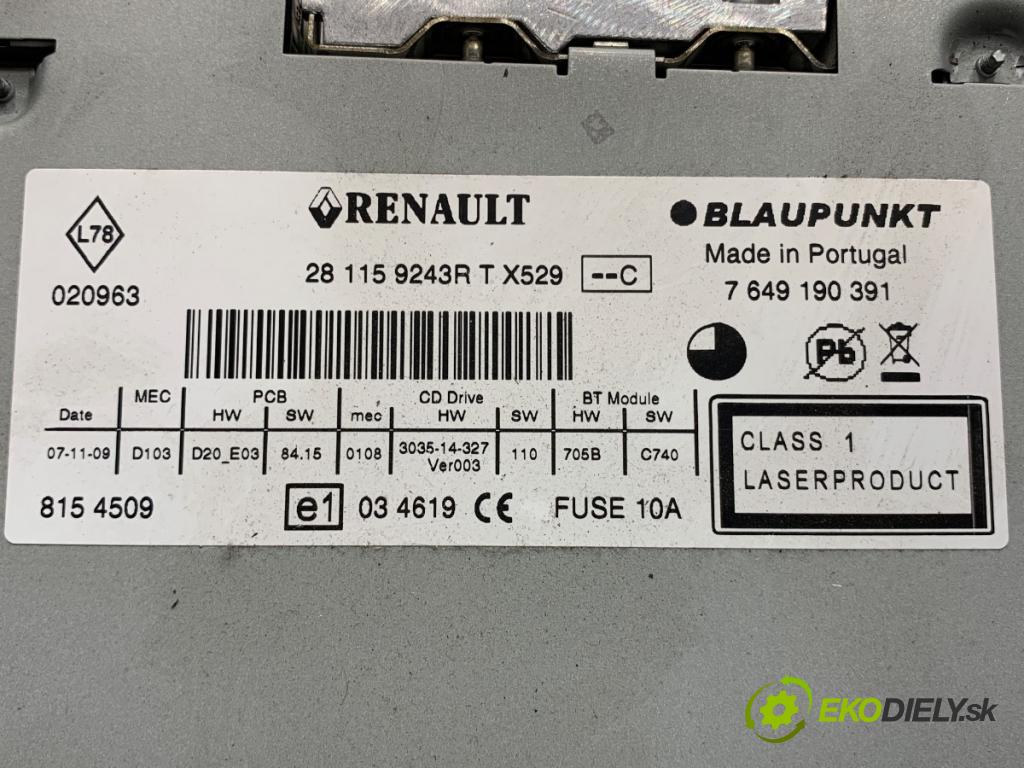 RENAULT MEGANE III Kombi 2009 96 kW 1.9 dCi (KZ0J, KZ0N, KZ1S) 1870 RADIO 281159243R (Audio zariadenie)