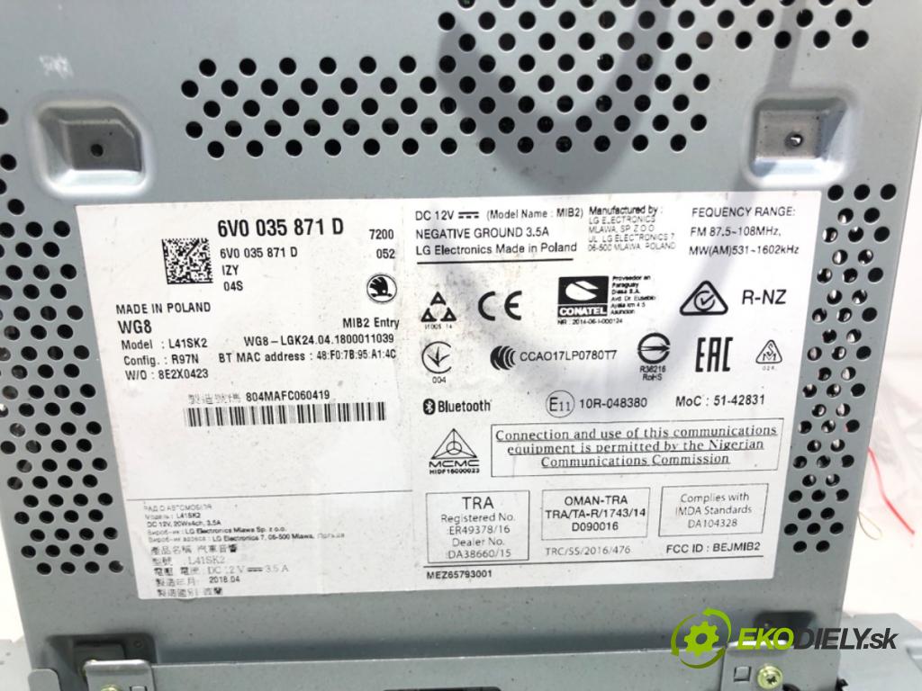 SKODA FABIA III liftback 2018 70 kW 1.0 TSI 999 RADIO 6V0035871D (Audio zariadenie)