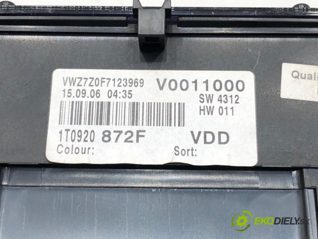VW TOURAN nadwozie wielkoprzestrzenne (MPV) 2006 125 kW 2.0 TDI 1968 Prístrojovka 1T0920872F (Prístrojová doska)