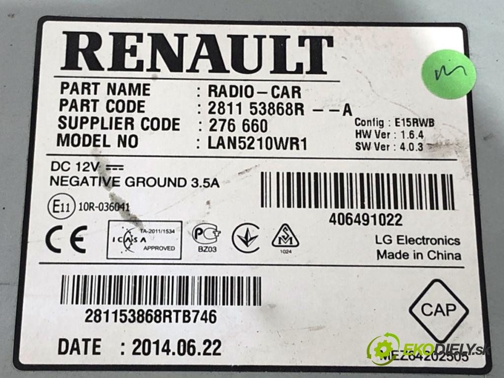 RENAULT CLIO IV liftback 2013 66 kW 1.5 dCi 90 1461 RADIO 281153868R (Audio zariadenie)