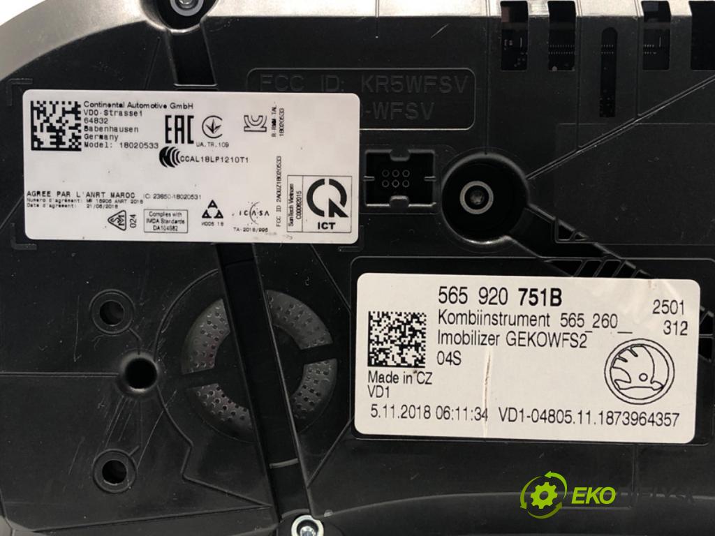 SKODA KAROQ SUV 2018 85 kW 1.6 TDI 1598 Prístrojovka 565920751B (Prístrojová doska)