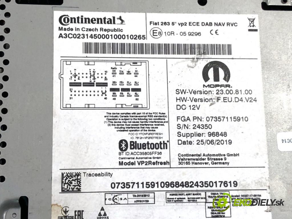 FIAT DOBLO II Autobus 2019 74 kW 1.6 D Multijet (263AXE1B) 1598 RADIO 07357115910 (Audio zariadenie)