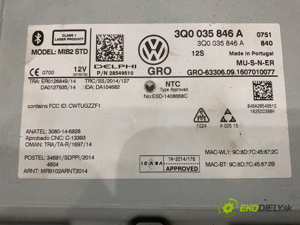 VW GOLF VII liftback 2016 81 kW 1.6 TDI 1598 čítač navigácie 3Q0035846A (Elektrosúčasti ostatné)