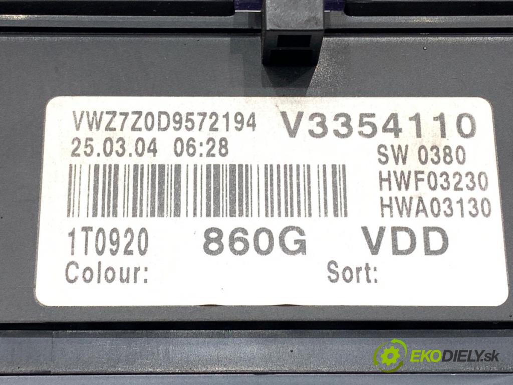 VW TOURAN nadwozie wielkoprzestrzenne (MPV) 2004 103 kW 2.0 TDI 16V 1968 Prístrojovka 1T0920860G (Prístrojová doska)