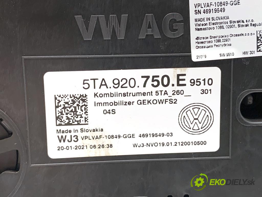 VW TOURAN nadwozie wielkoprzestrzenne (MPV) 2021 110 kW 1.5 TSI 1495 Prístrojovka 5TA920750E (Prístrojová doska)