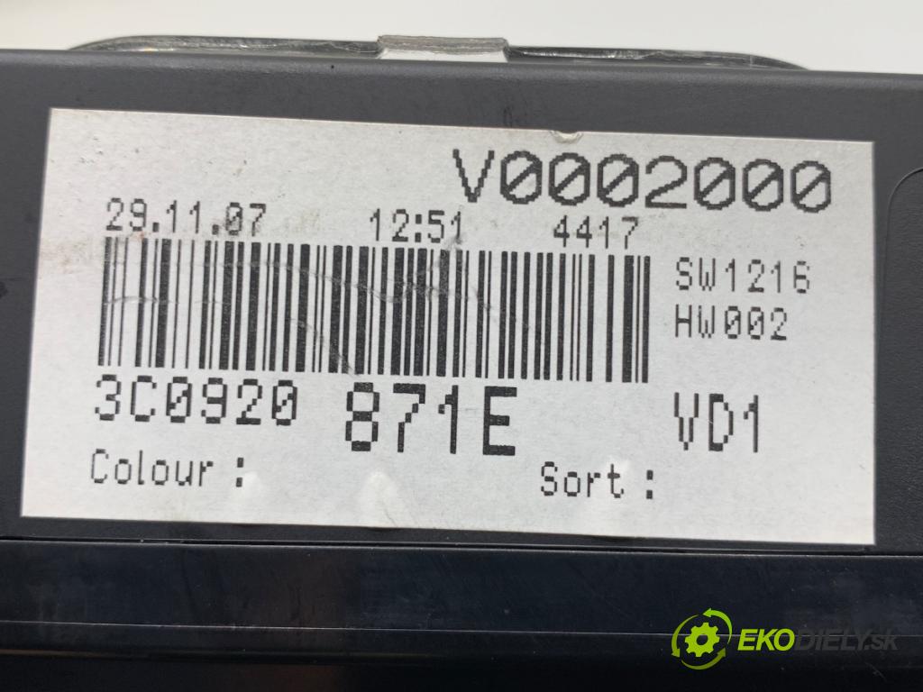 VW PASSAT B6 sedan 2007 103 kW 2.0 TDI 1968 Prístrojovka 3C0920871E (Prístrojová doska)