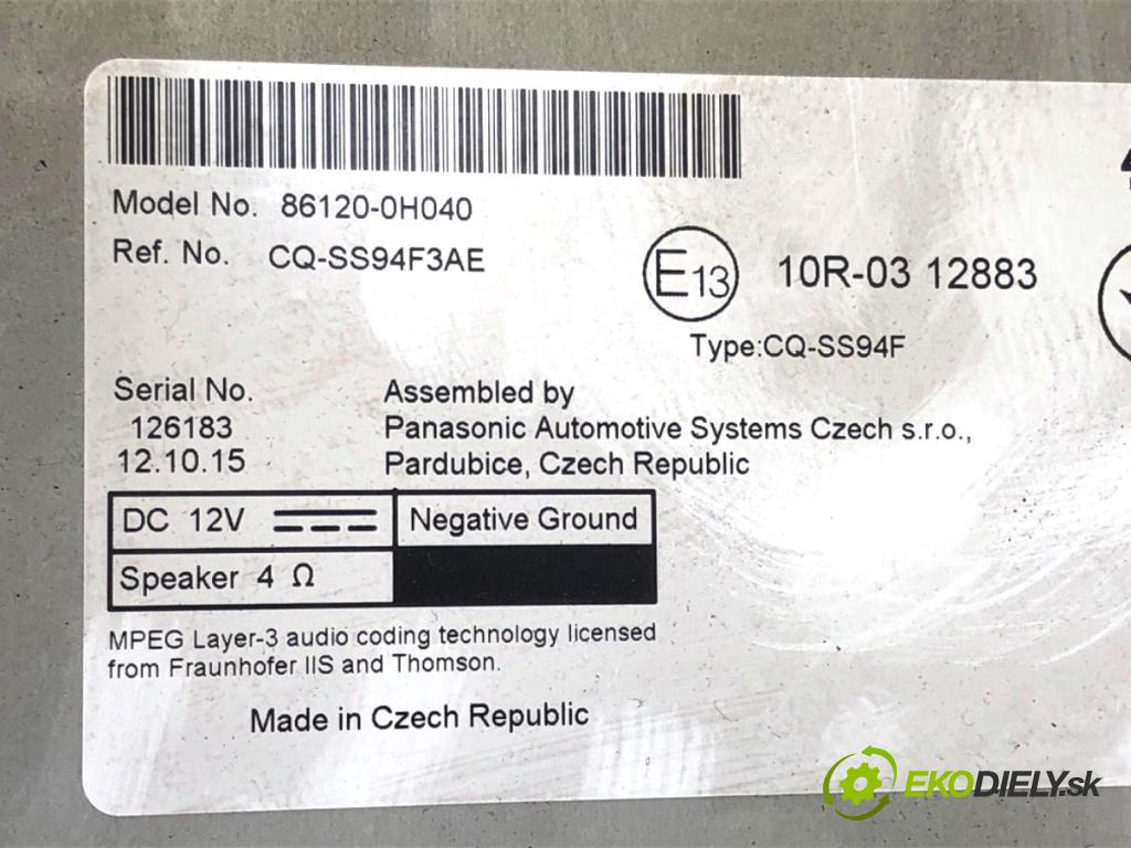 TOYOTA AYGO II liftback 2015 51 kW 1.0 (KGB40) 998 RADIO 86120-0H040 (Audio zariadenie)