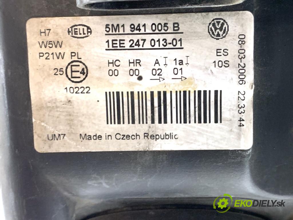 VW GOLF PLUS V liftback 2006 77 kW 1.9 TDI 1896 Svetlomet ľavy predný 5M1941005B