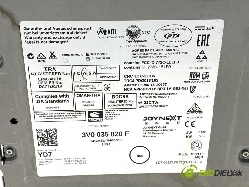 SKODA KODIAQ SUV 2021 147 kW 2.0 TDI 4x4 1968 čítač navigácie 3V0035820F (Elektrosúčasti ostatné)