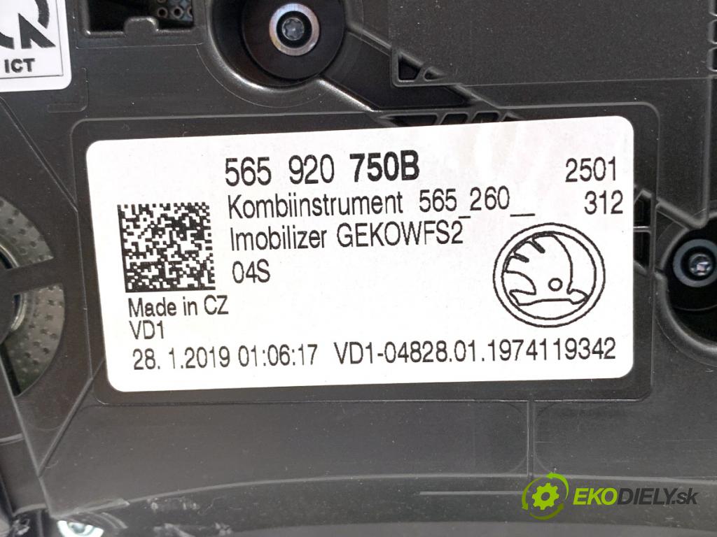 SKODA KAROQ SUV 2019 140 kW 2.0 TSI 4x4 1984 Prístrojovka 565920750B (Prístrojová doska)