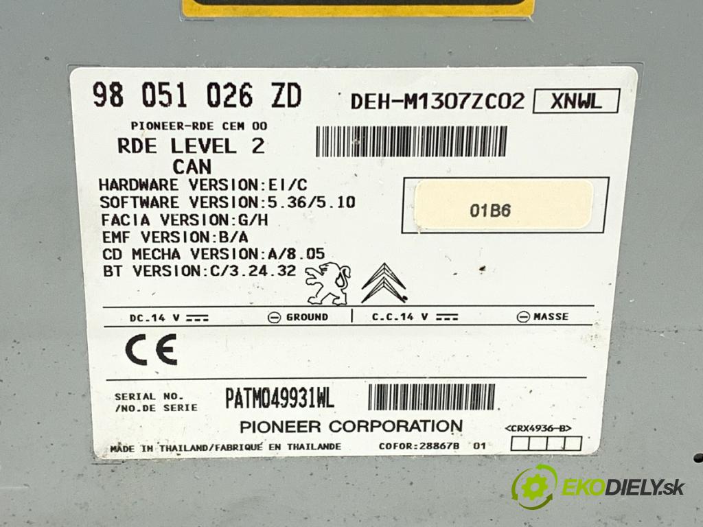 PEUGEOT 208 I liftback 2016 55 kW 1.6 HDi / BlueHDi 75 1560 RADIO 98051026ZD (Audio zariadenie)